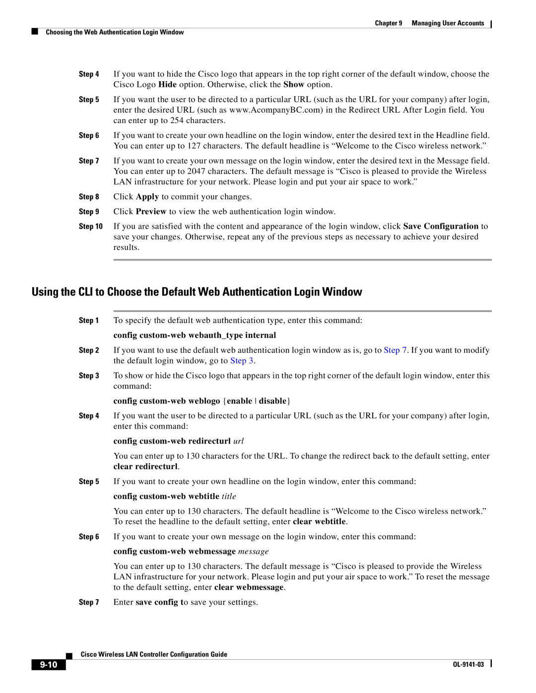 Cisco Systems OL-9141-03 manual Config custom-web weblogo enable disable, Config custom-web redirecturl url 