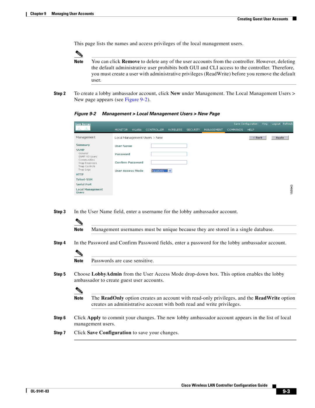 Cisco Systems OL-9141-03 manual Management Local Management Users New 