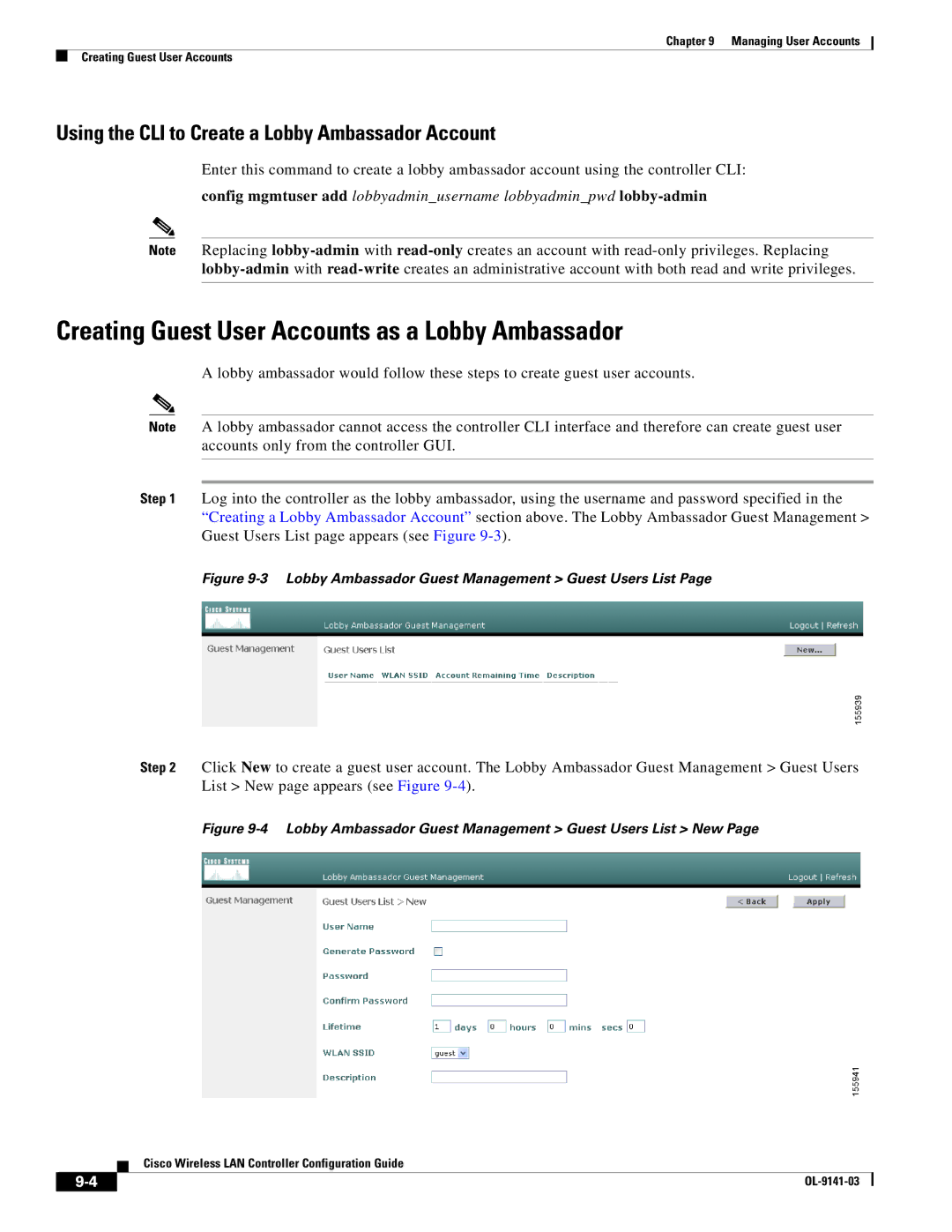 Cisco Systems OL-9141-03 manual Creating Guest User Accounts as a Lobby Ambassador 