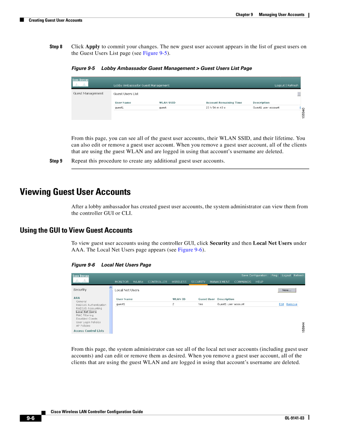 Cisco Systems OL-9141-03 manual Viewing Guest User Accounts, Using the GUI to View Guest Accounts 