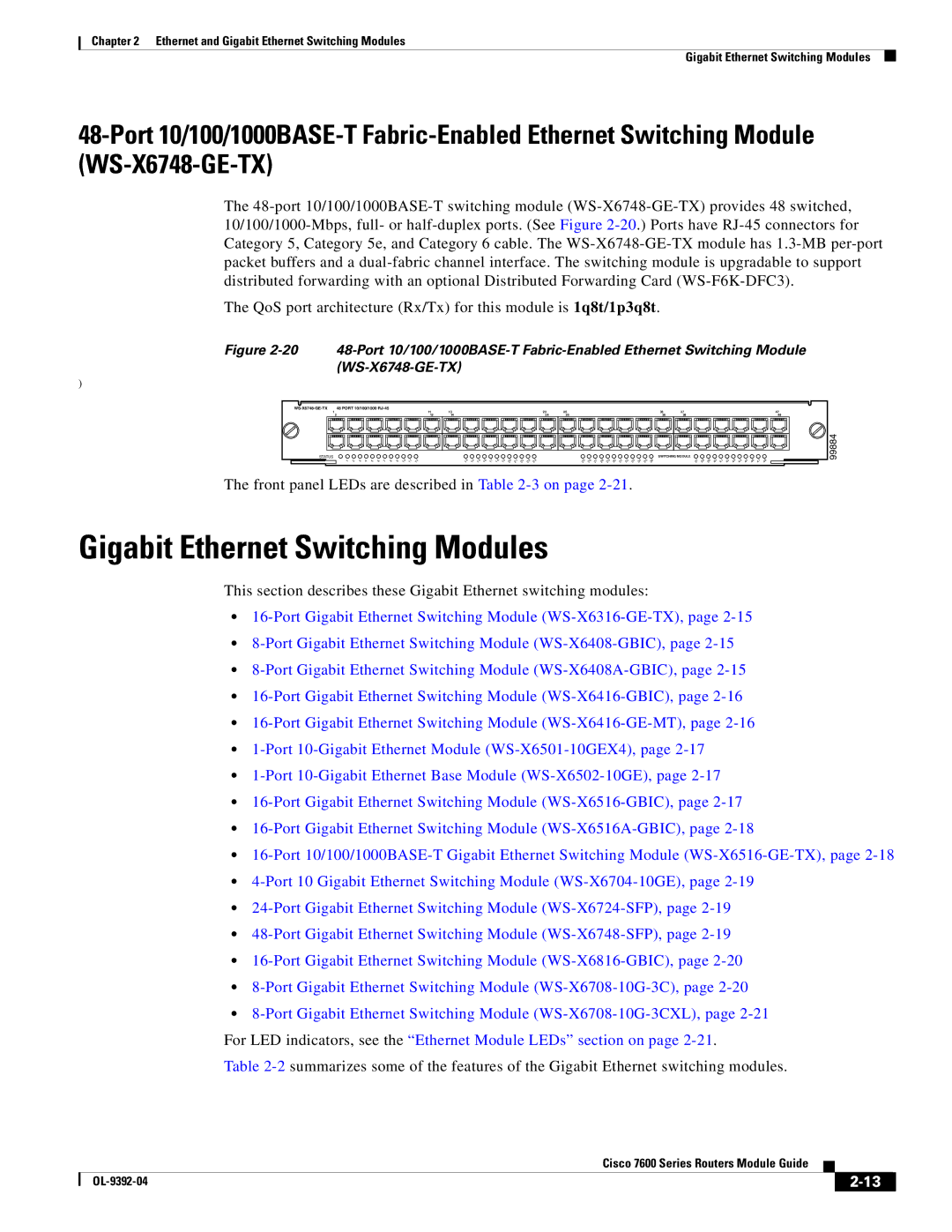 Cisco Systems OL-9392-04 manual Gigabit Ethernet Switching Modules 