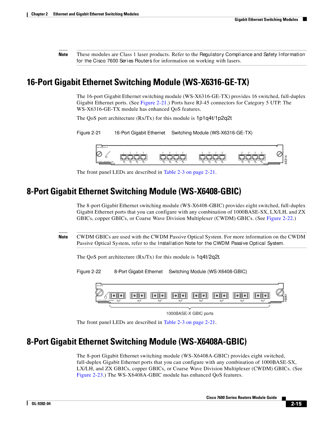 Cisco Systems OL-9392-04 manual Port Gigabit Ethernet Switching Module WS-X6316-GE-TX 