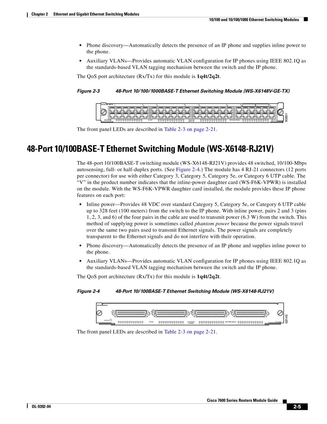 Cisco Systems OL-9392-04 manual Port 10/100BASE-T Ethernet Switching Module WS-X6148-RJ21V 