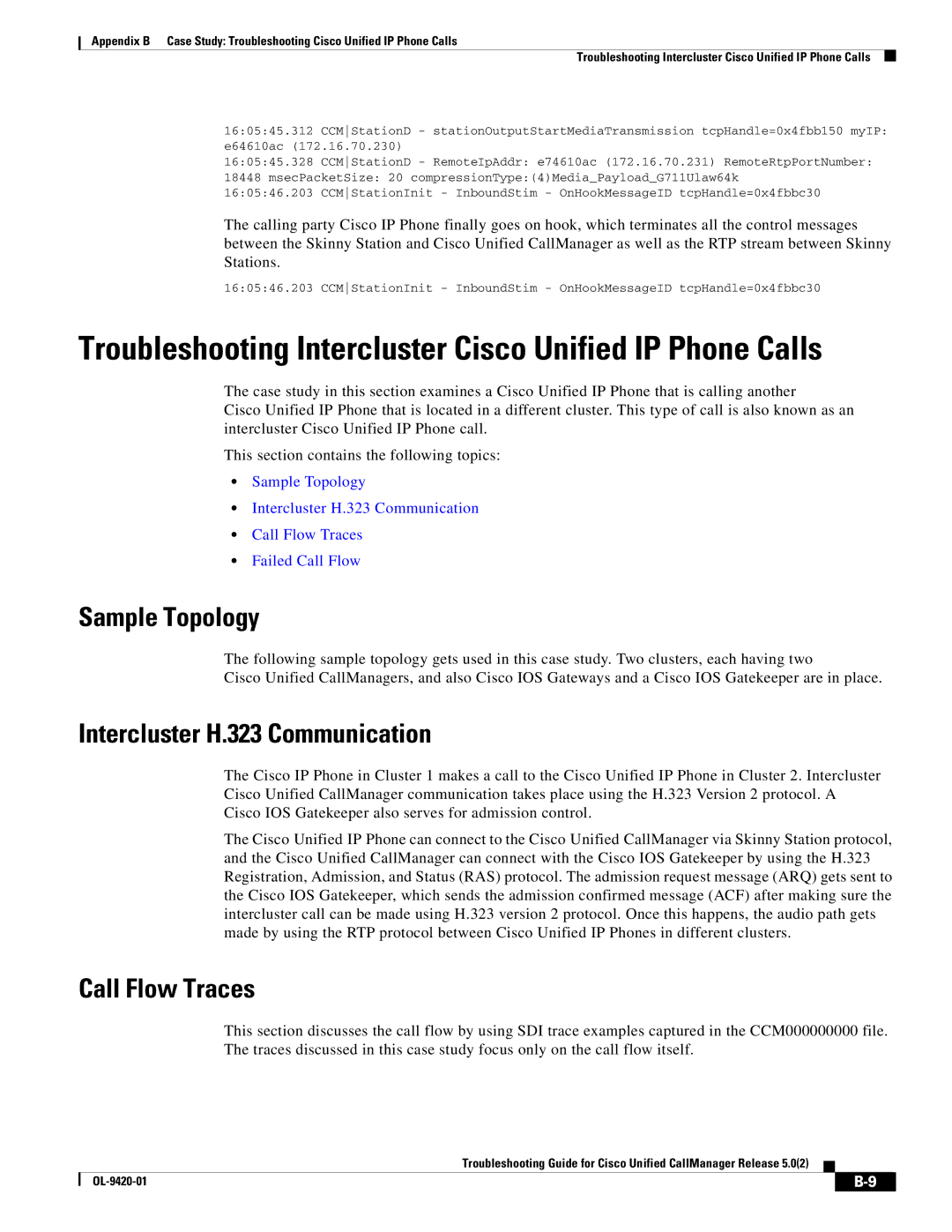 Cisco Systems OL-9420-01 appendix Intercluster H.323 Communication, Call Flow Traces 