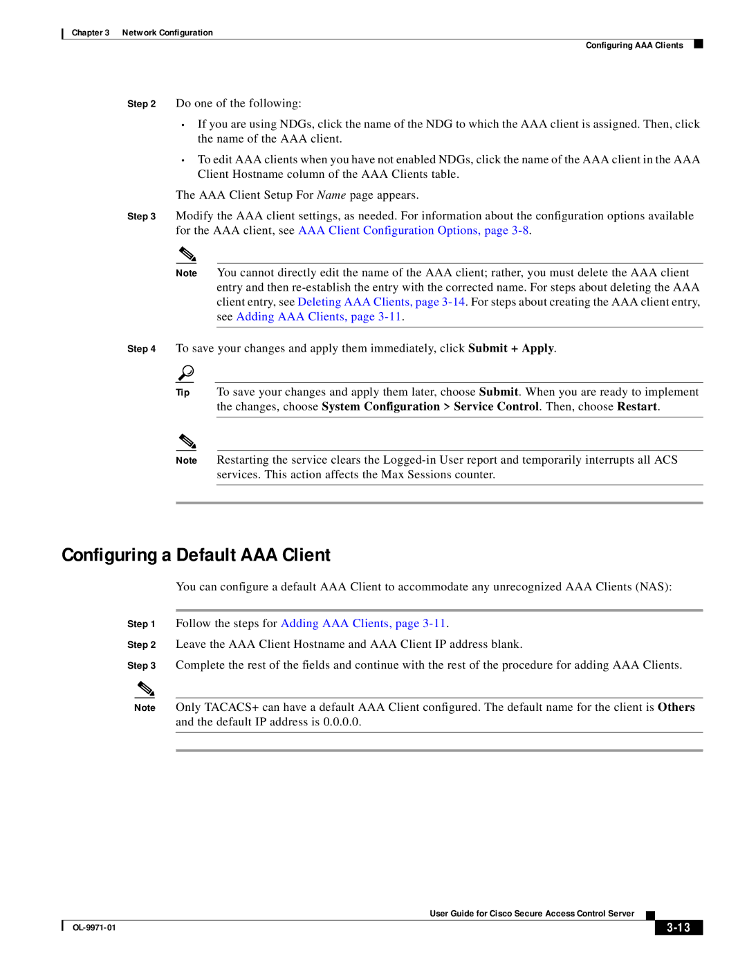 Cisco Systems OL-9971-01 manual Configuring a Default AAA Client, Follow the steps for Adding AAA Clients 