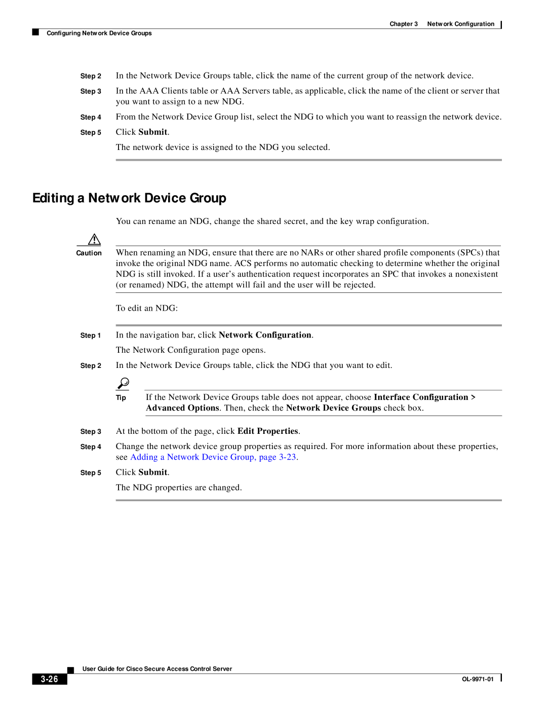 Cisco Systems OL-9971-01 manual Editing a Network Device Group, NDG properties are changed 