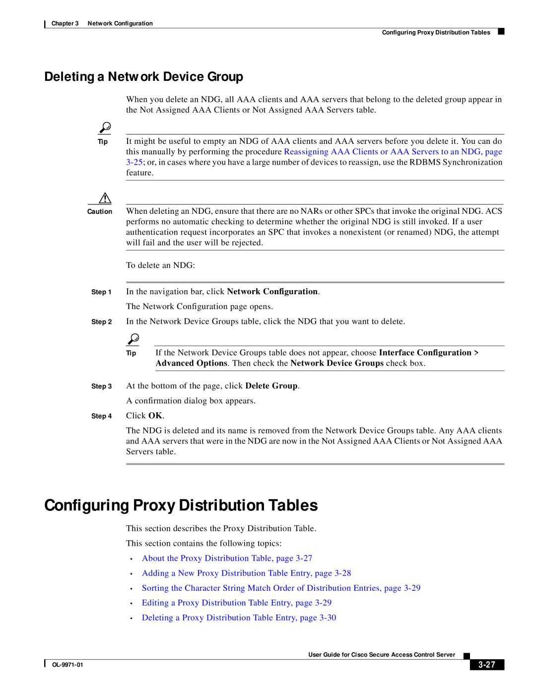 Cisco Systems OL-9971-01 manual Configuring Proxy Distribution Tables, Deleting a Network Device Group 