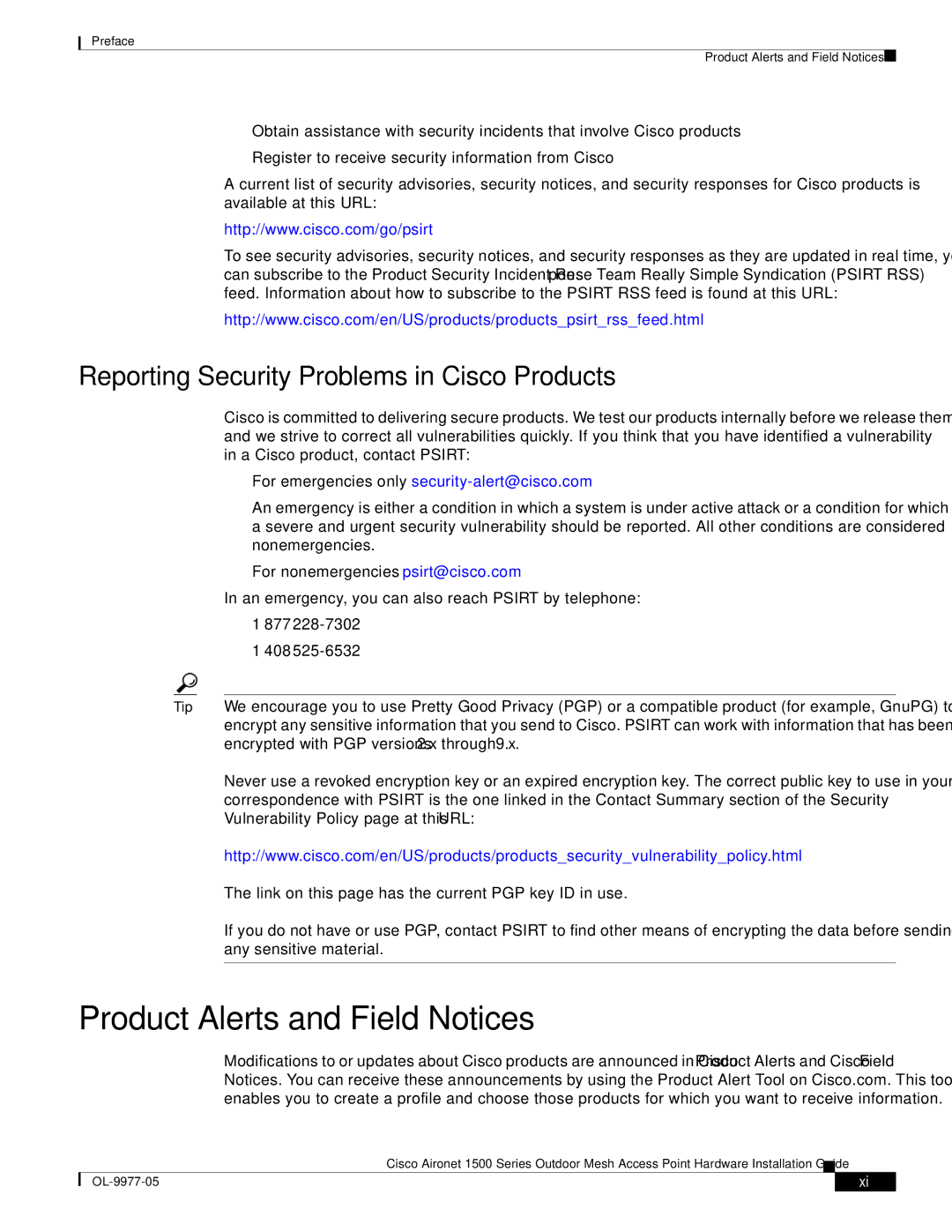 Cisco Systems OL-9977-05 manual Product Alerts and Field Notices, Reporting Security Problems in Cisco Products 