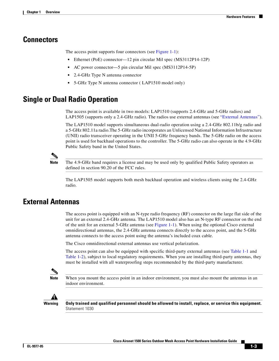 Cisco Systems OL-9977-05 manual Connectors, Single or Dual Radio Operation, External Antennas 