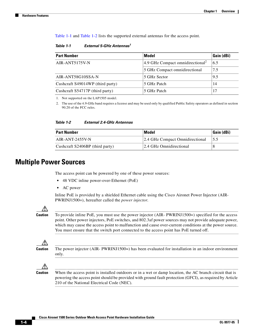 Cisco Systems OL-9977-05 manual Multiple Power Sources, Part Number Model Gain dBi 