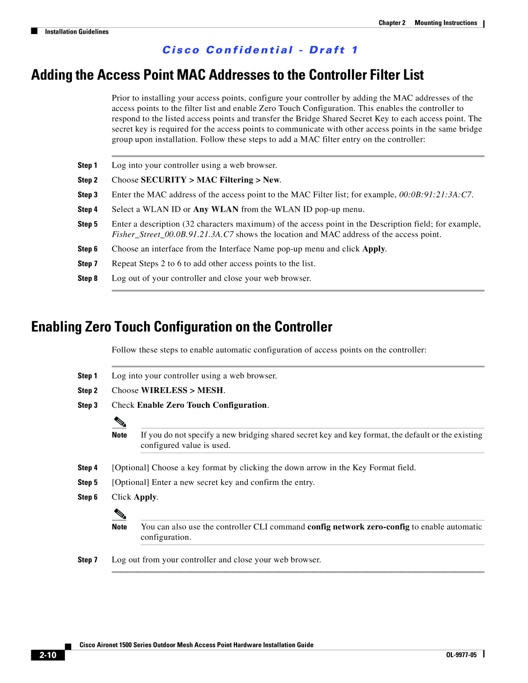 Cisco Systems OL-9977-05 manual Enabling Zero Touch Configuration on the Controller, Choose Security MAC Filtering New 