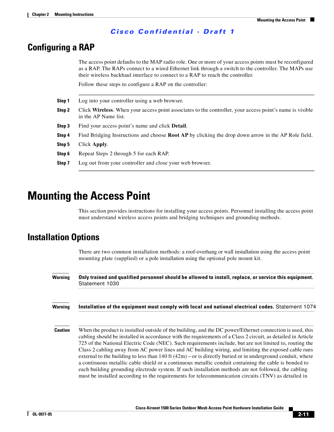 Cisco Systems OL-9977-05 manual Mounting the Access Point, Configuring a RAP, Installation Options 