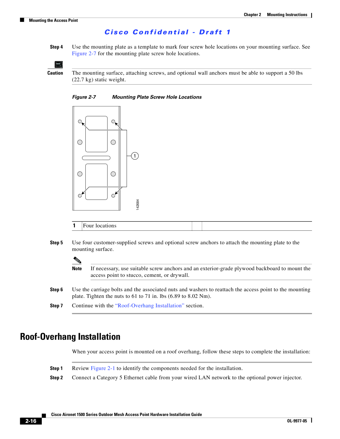 Cisco Systems OL-9977-05 manual Roof-Overhang Installation, Mounting Plate Screw Hole Locations 