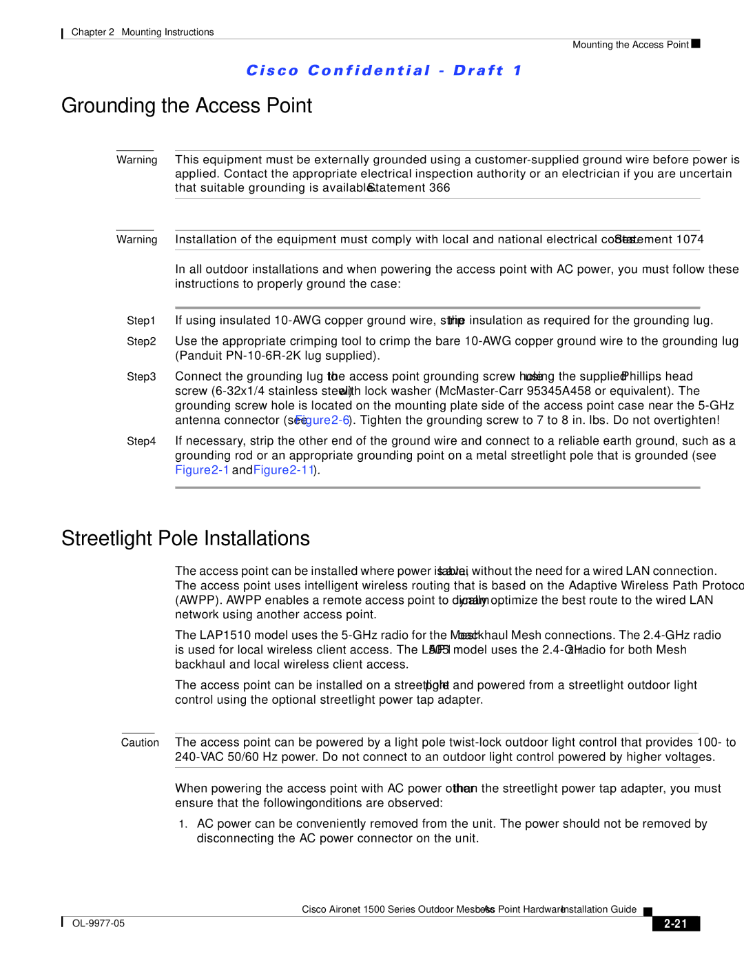 Cisco Systems OL-9977-05 manual Grounding the Access Point, Streetlight Pole Installations 