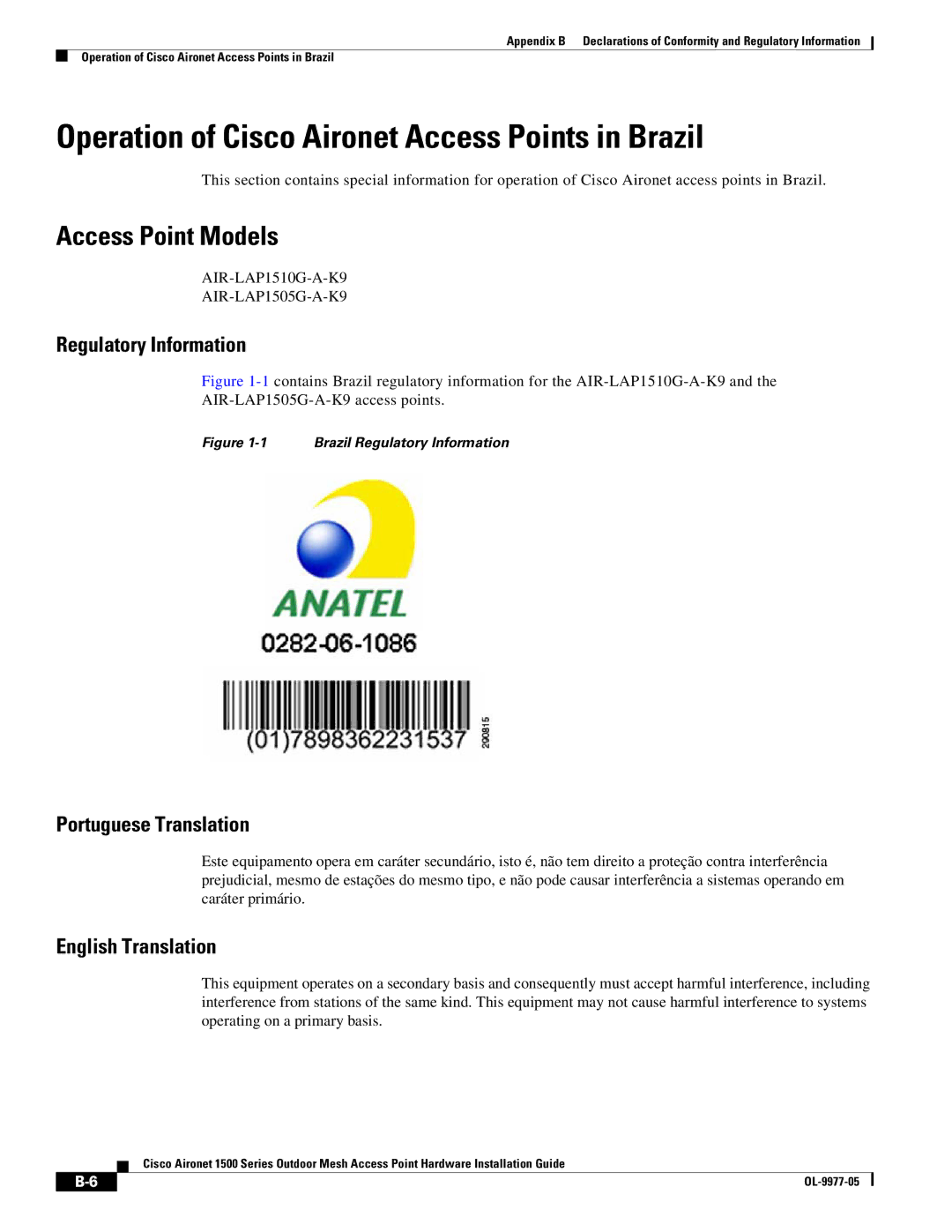 Cisco Systems OL-9977-05 manual Operation of Cisco Aironet Access Points in Brazil, Access Point Models 