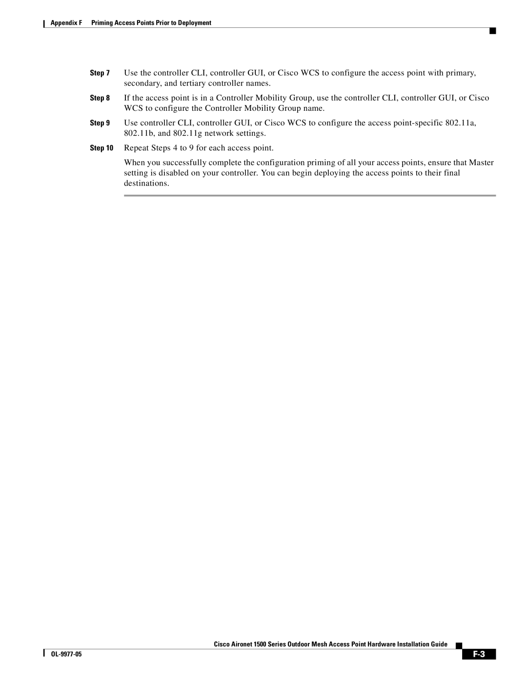 Cisco Systems OL-9977-05 manual Appendix F Priming Access Points Prior to Deployment 