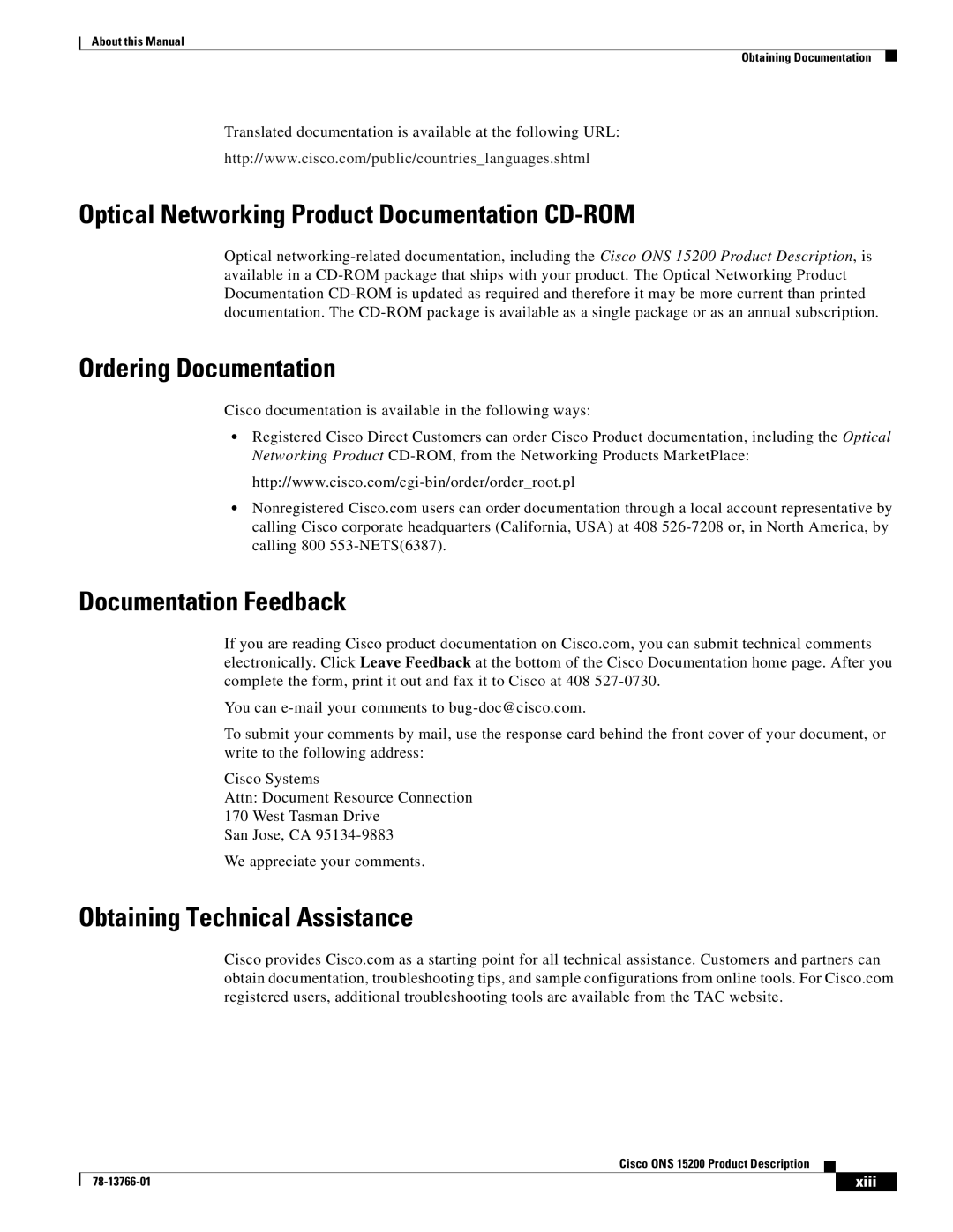 Cisco Systems ONS 15200 Optical Networking Product Documentation CD-ROM, Ordering Documentation, Documentation Feedback 