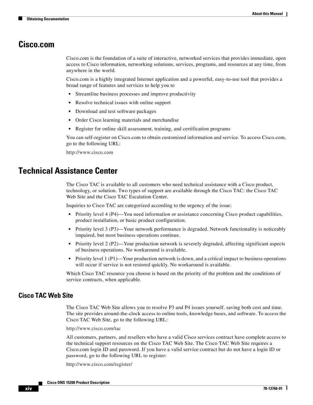 Cisco Systems ONS 15200 manual Cisco.com, Technical Assistance Center 