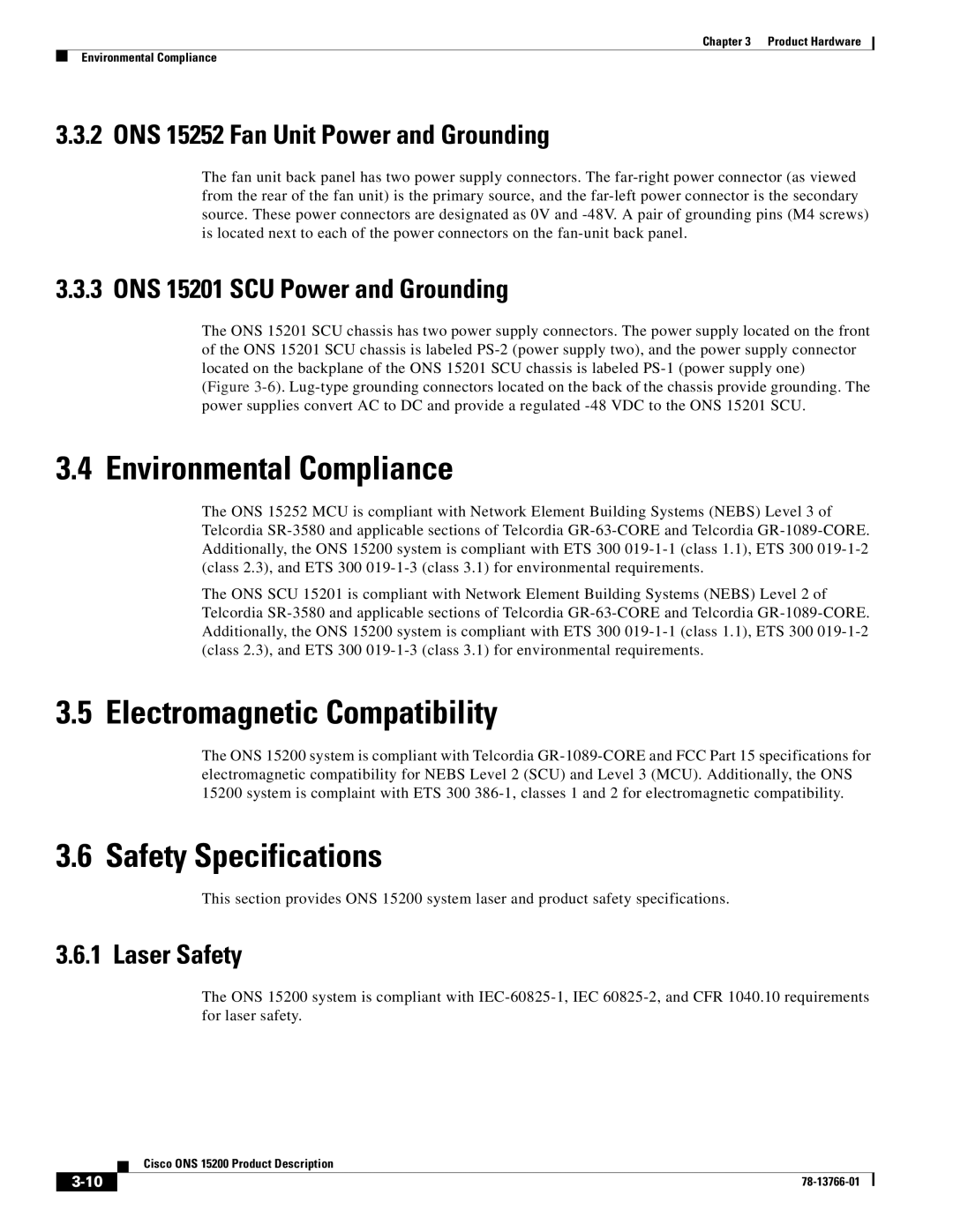 Cisco Systems ONS 15200 manual Environmental Compliance, Electromagnetic Compatibility, Safety Specifications 