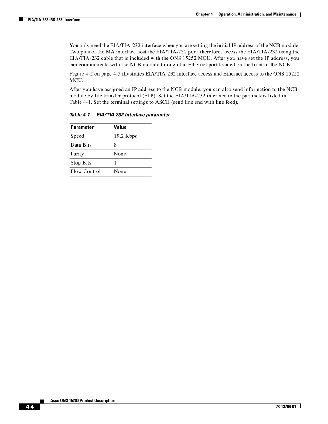 Cisco Systems ONS 15200 manual Parameter Value, Speed Kbps Data Bits Parity None Stop Bits Flow Control 