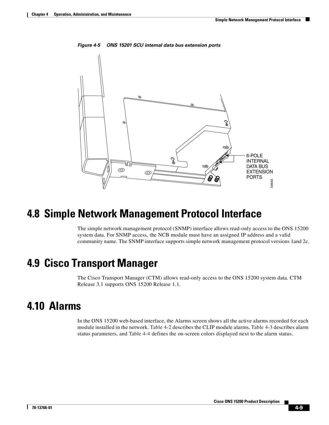 Cisco Systems ONS 15200 manual Simple Network Management Protocol Interface, Cisco Transport Manager, Alarms 