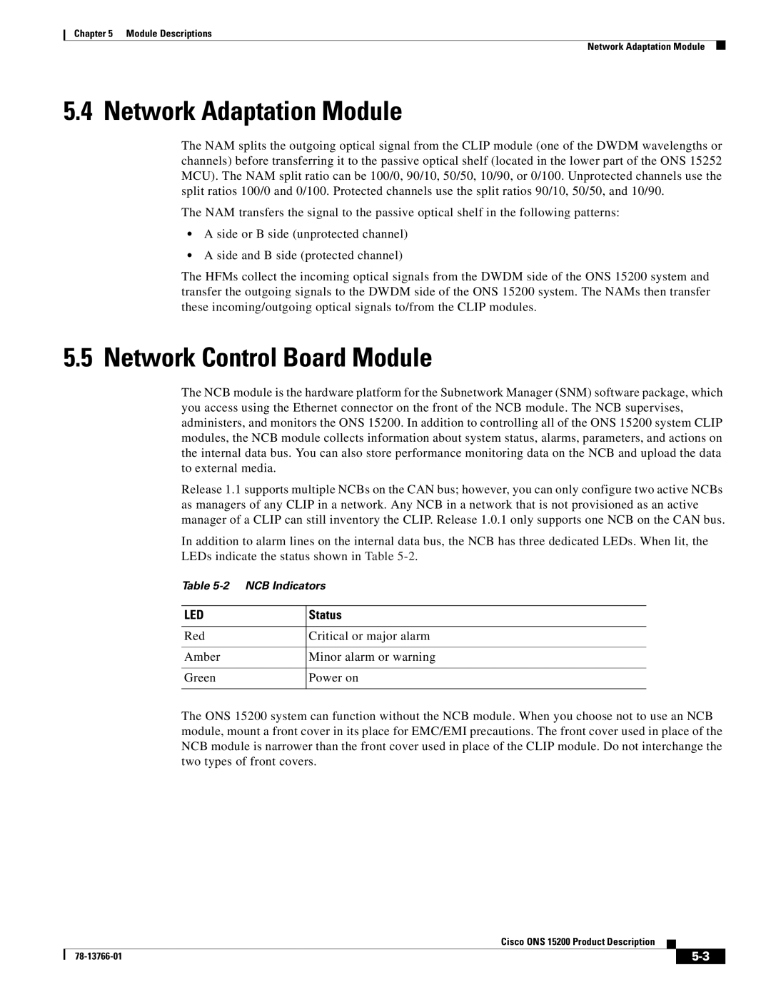 Cisco Systems ONS 15200 manual Network Adaptation Module, Network Control Board Module, Status 