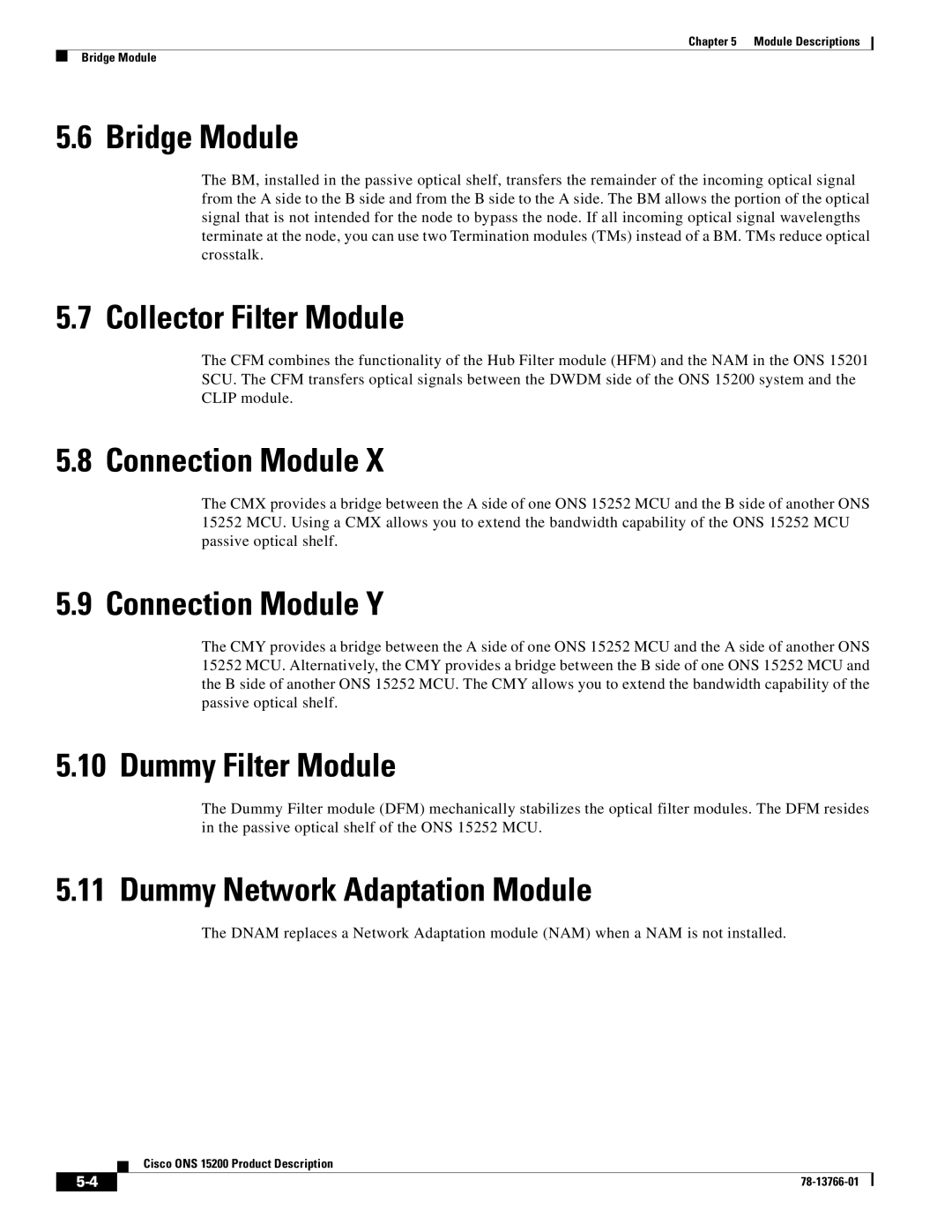 Cisco Systems ONS 15200 manual Bridge Module, Collector Filter Module, Connection Module Y, Dummy Filter Module 