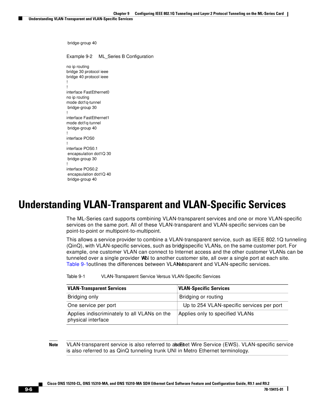 Cisco Systems ONS 15310-CL manual VLAN-Transparent Services VLAN-Specific Services, Example 9-2 MLSeries B Configuration 