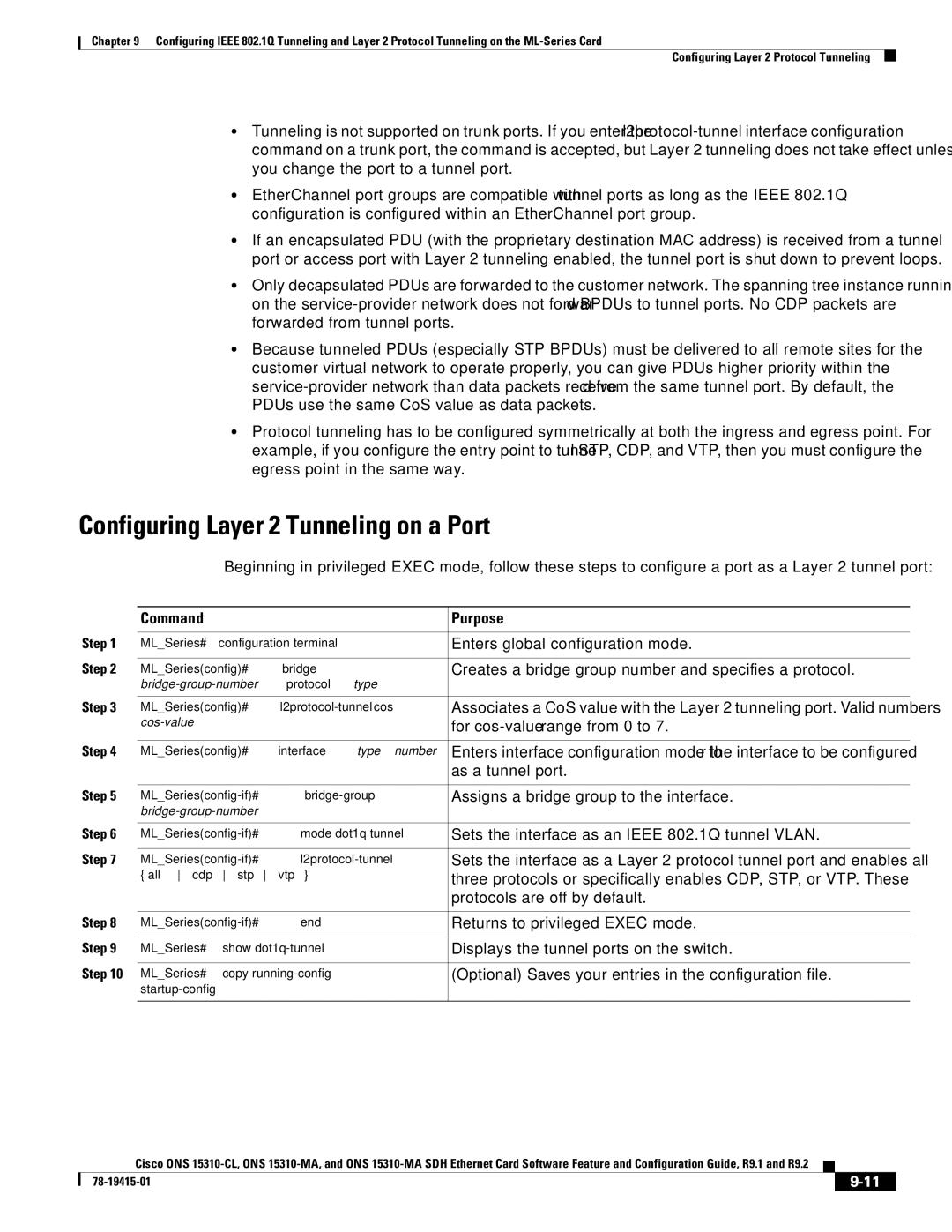 Cisco Systems Cisco ONS 15310-MA, ONS 15310-CL manual Configuring Layer 2 Tunneling on a Port 