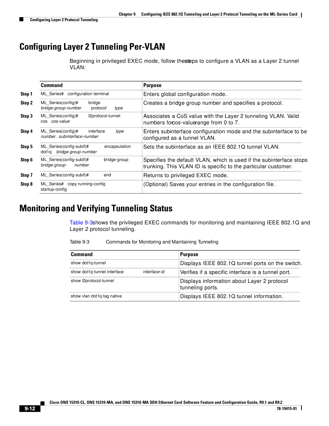 Cisco Systems ONS 15310-CL, ONS 15310-MA Configuring Layer 2 Tunneling Per-VLAN, Monitoring and Verifying Tunneling Status 