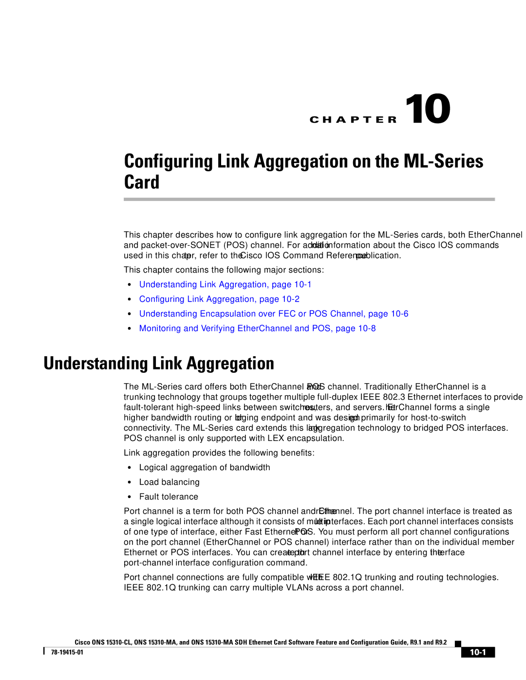 Cisco Systems ONS 15310-MA manual Configuring Link Aggregation on the ML-Series Card, Understanding Link Aggregation, 10-1 