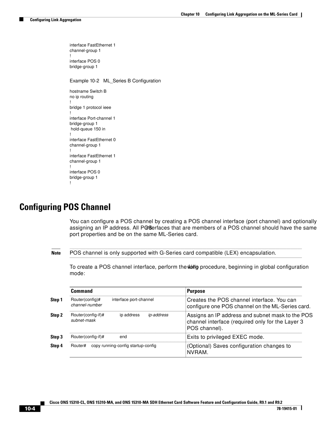 Cisco Systems ONS 15310-CL, Cisco ONS 15310-MA manual Configuring POS Channel, 10-4 