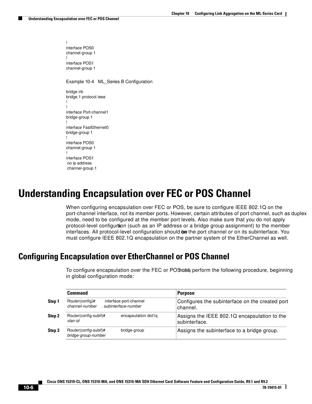 Cisco Systems ONS 15310-CL, Cisco ONS 15310-MA manual Understanding Encapsulation over FEC or POS Channel, 10-6 