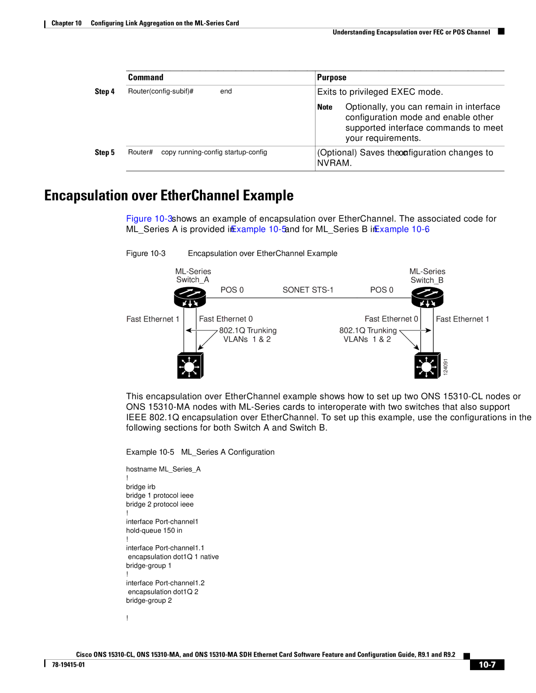 Cisco Systems ONS 15310-MA Encapsulation over EtherChannel Example, Configuration mode and enable other, Your requirements 