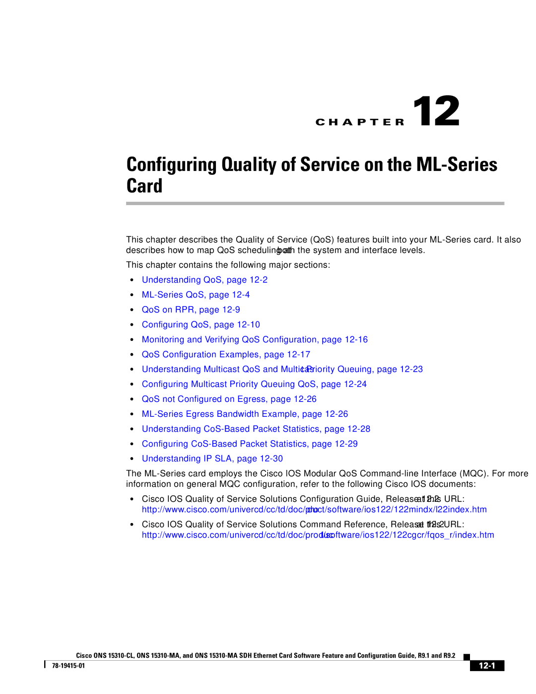 Cisco Systems Cisco ONS 15310-MA, ONS 15310-CL manual Configuring Quality of Service on the ML-Series Card, 12-1 