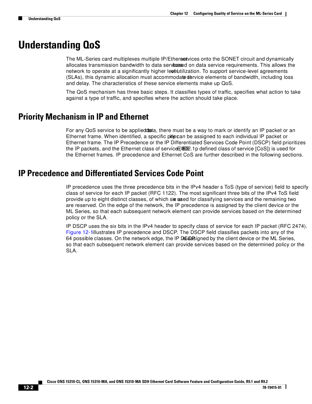 Cisco Systems ONS 15310-CL, Cisco ONS 15310-MA manual Understanding QoS, Priority Mechanism in IP and Ethernet, 12-2 