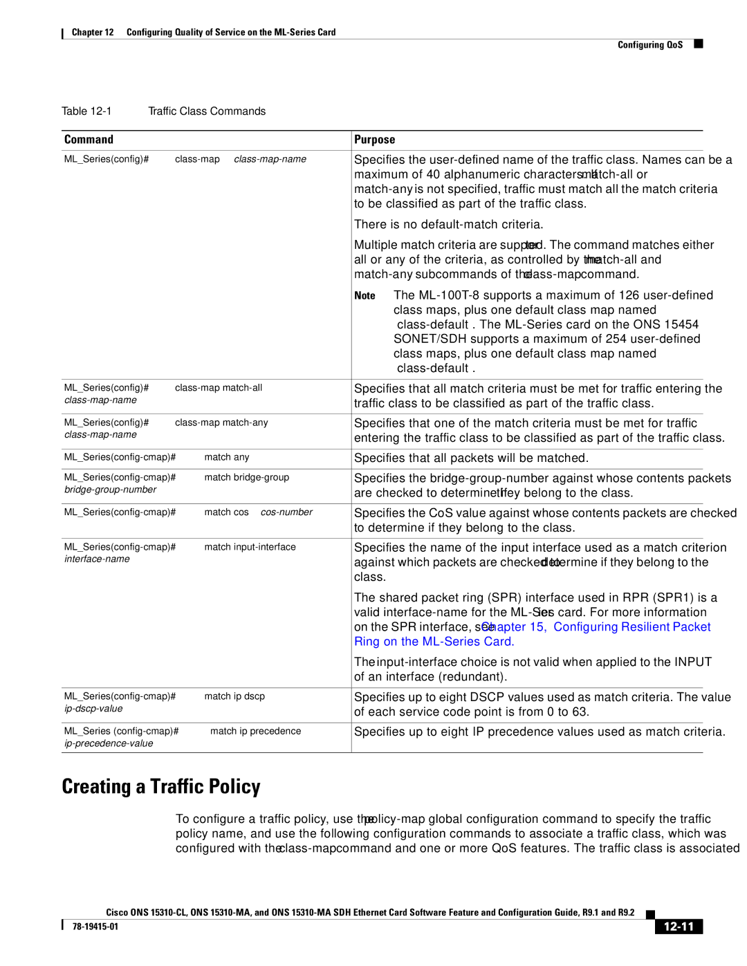 Cisco Systems ONS 15310-CL, Cisco ONS 15310-MA manual Creating a Traffic Policy, 12-11 