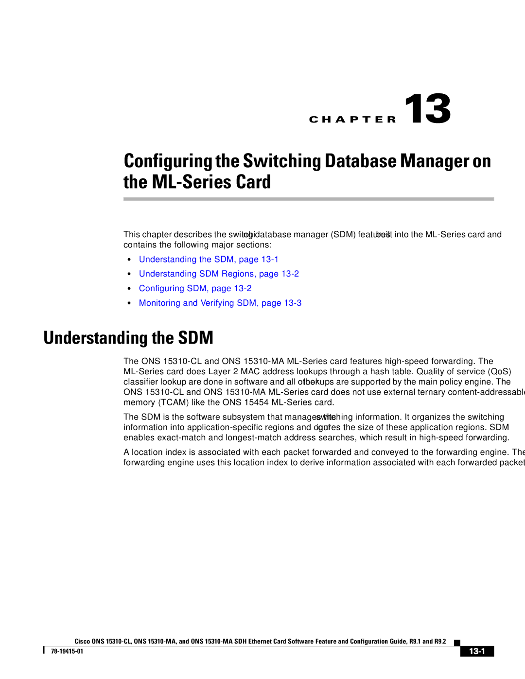 Cisco Systems ONS 15310-CL, Cisco ONS 15310-MA manual Understanding the SDM, 13-1 