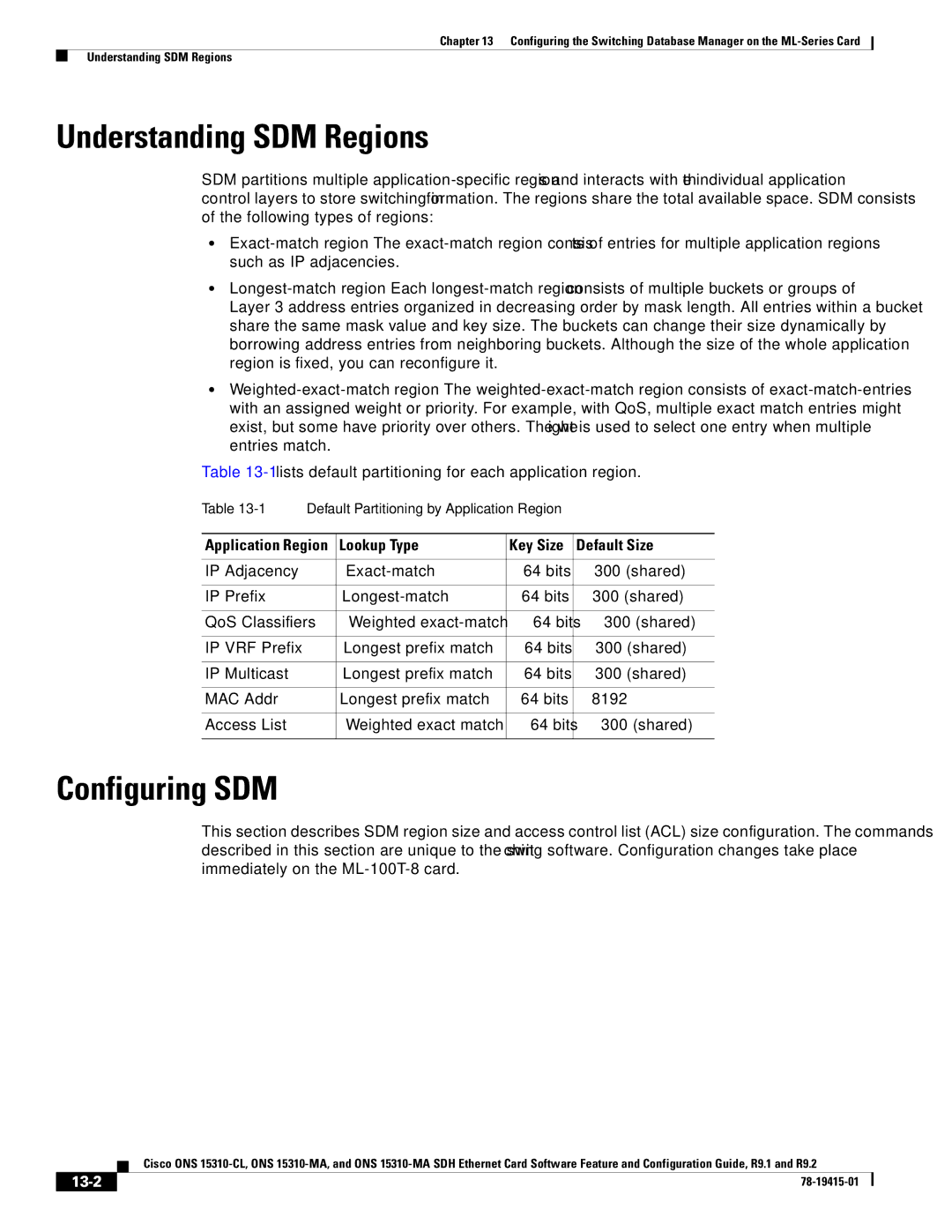 Cisco Systems Cisco ONS 15310-MA, ONS 15310-CL Understanding SDM Regions, Configuring SDM, Lookup Type, Default Size, 13-2 