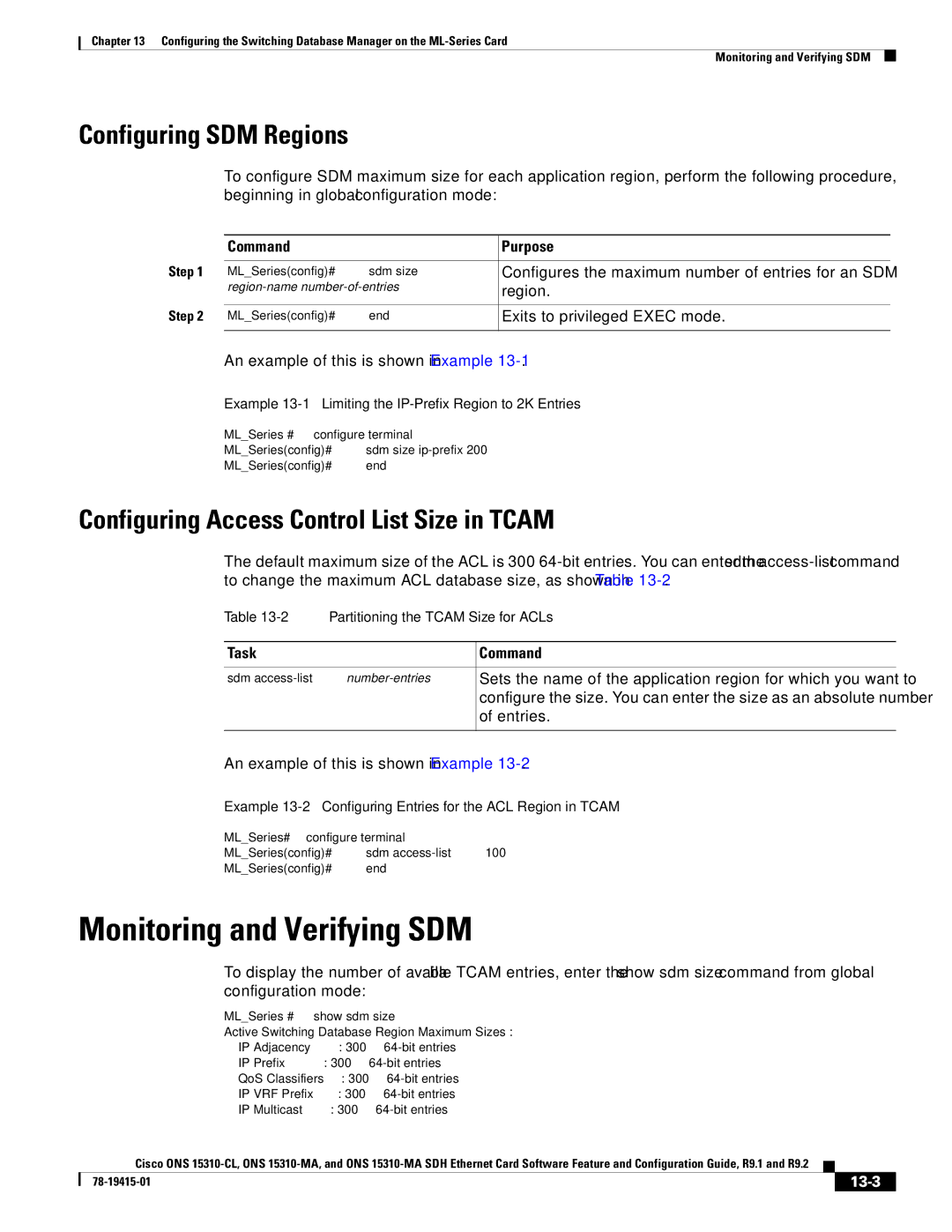 Cisco Systems ONS 15310-CL, ONS 15310-MA manual Monitoring and Verifying SDM, Configuring SDM Regions, Task Command, 13-3 