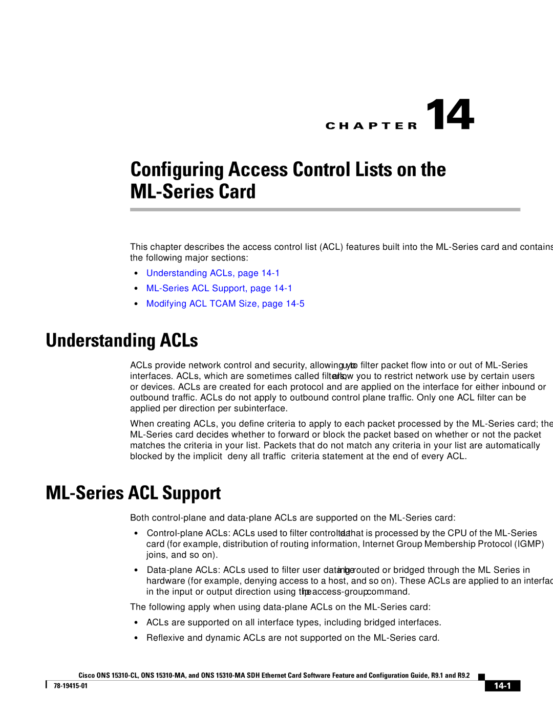 Cisco Systems Cisco ONS 15310-MA manual Configuring Access Control Lists on ML-Series Card, Understanding ACLs, 14-1 