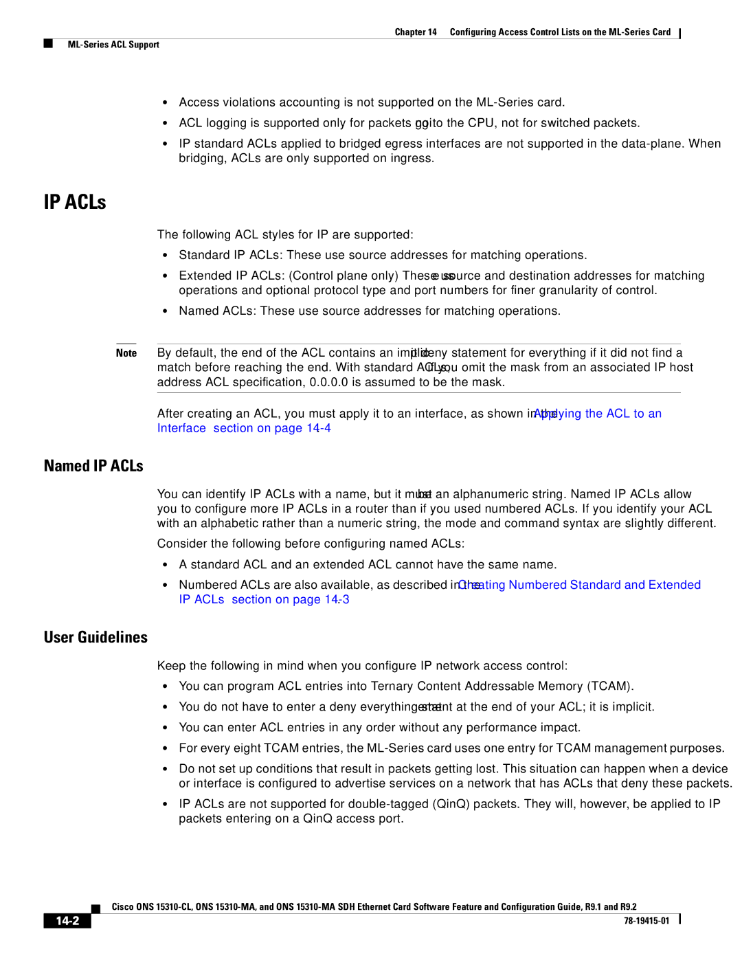 Cisco Systems ONS 15310-CL, Cisco ONS 15310-MA manual Named IP ACLs, User Guidelines, 14-2 