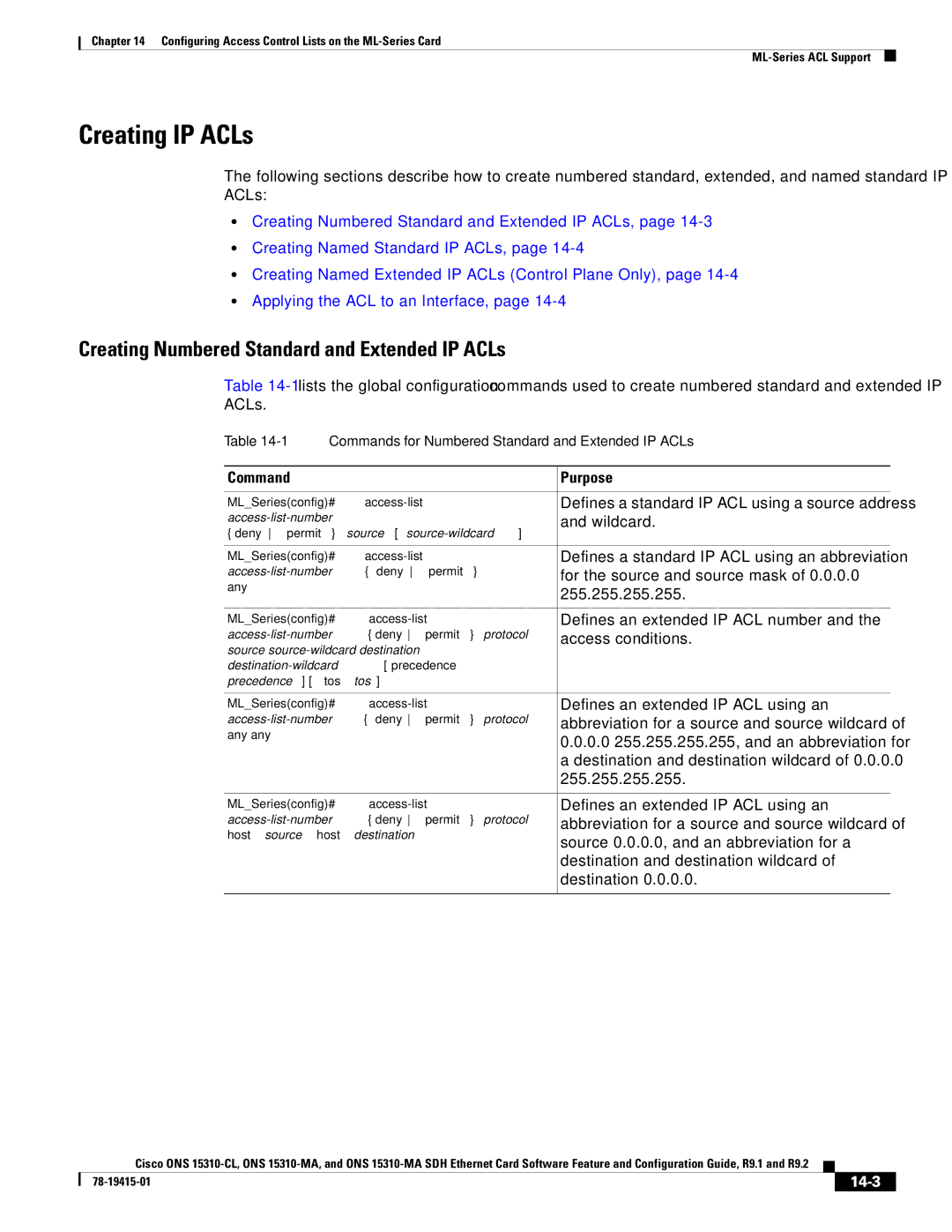 Cisco Systems ONS 15310-MA, ONS 15310-CL manual Creating IP ACLs, Creating Numbered Standard and Extended IP ACLs, 14-3 