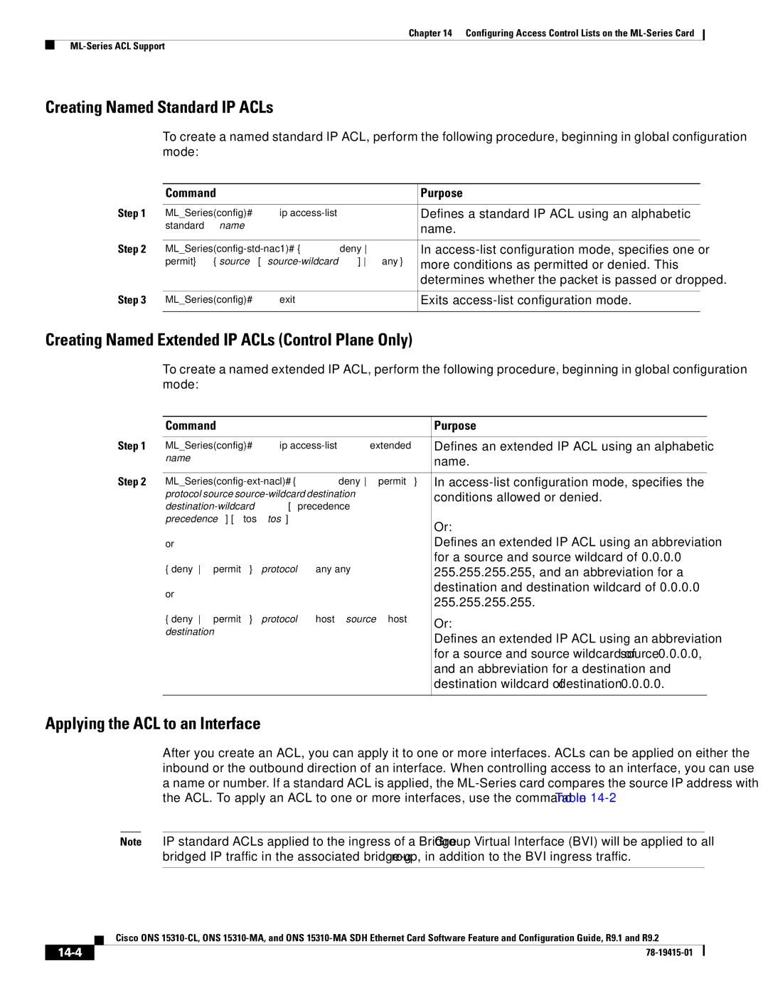 Cisco Systems Cisco ONS 15310-MA Creating Named Standard IP ACLs, Creating Named Extended IP ACLs Control Plane Only, 14-4 