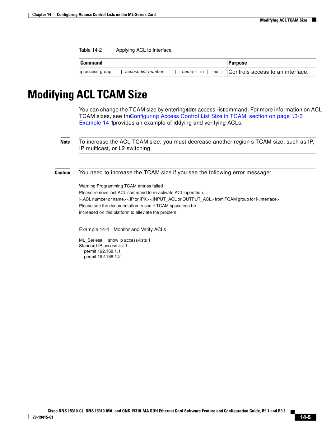 Cisco Systems ONS 15310-CL manual Modifying ACL Tcam Size, Controls access to an interface, 14-5, Applying ACL to Interface 