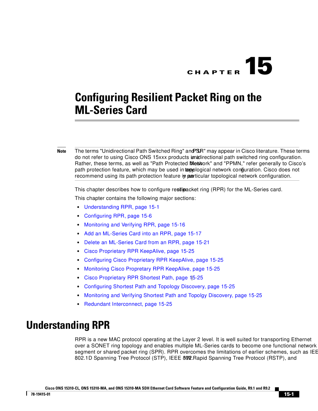 Cisco Systems Cisco ONS 15310-MA manual Configuring Resilient Packet Ring on ML-Series Card, Understanding RPR, 15-1 