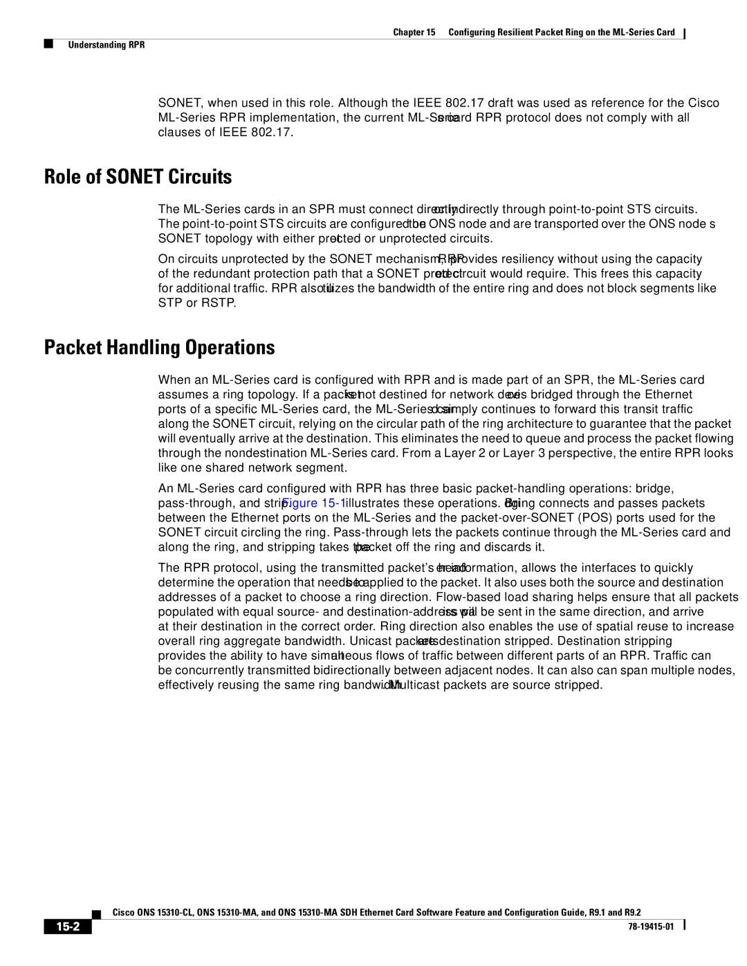 Cisco Systems ONS 15310-CL, Cisco ONS 15310-MA manual Role of Sonet Circuits, Packet Handling Operations, 15-2 