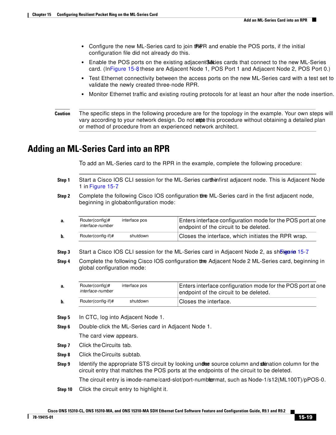 Cisco Systems Cisco ONS 15310-MA, ONS 15310-CL manual Adding an ML-Series Card into an RPR, 15-19 