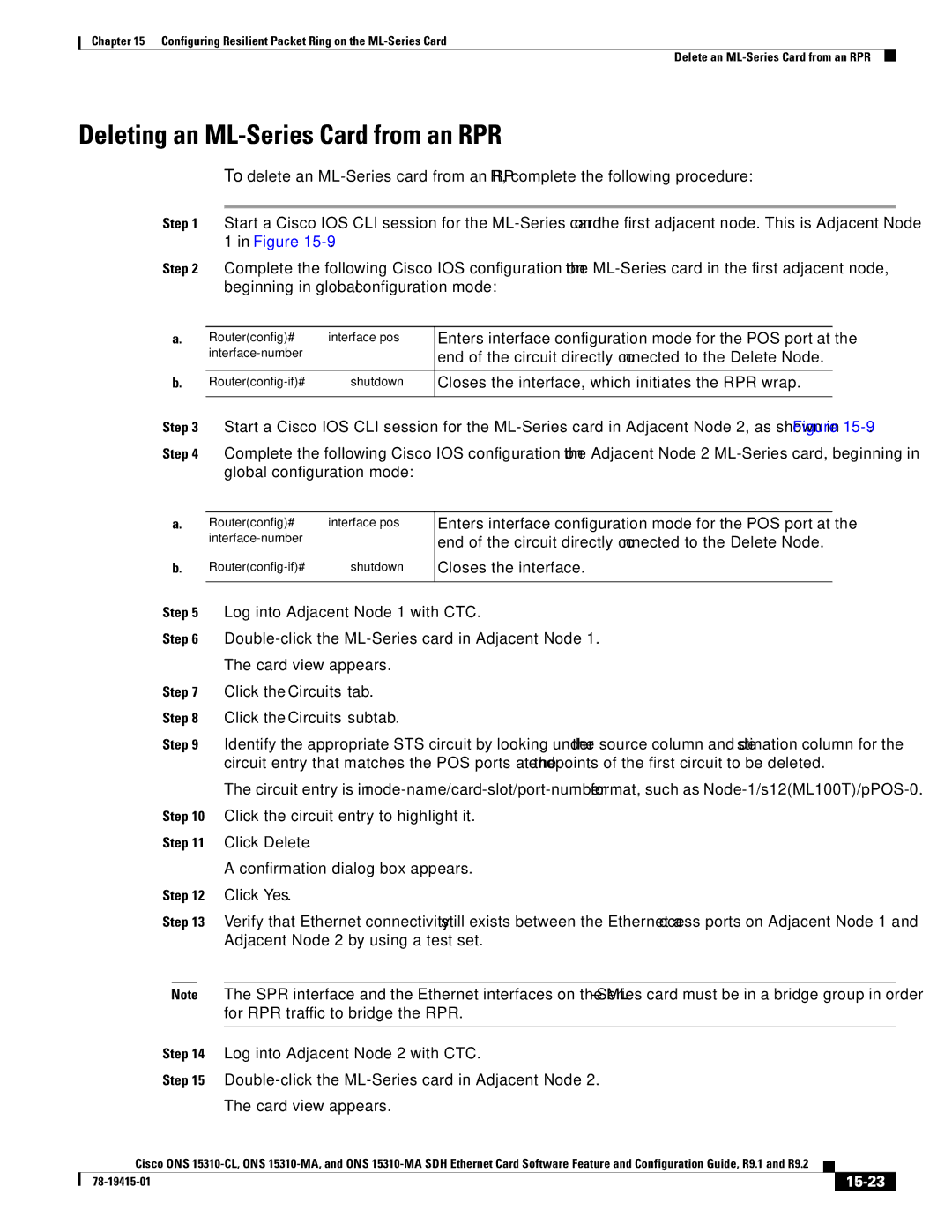 Cisco Systems ONS 15310-CL, Cisco ONS 15310-MA manual Deleting an ML-Series Card from an RPR, 15-23 