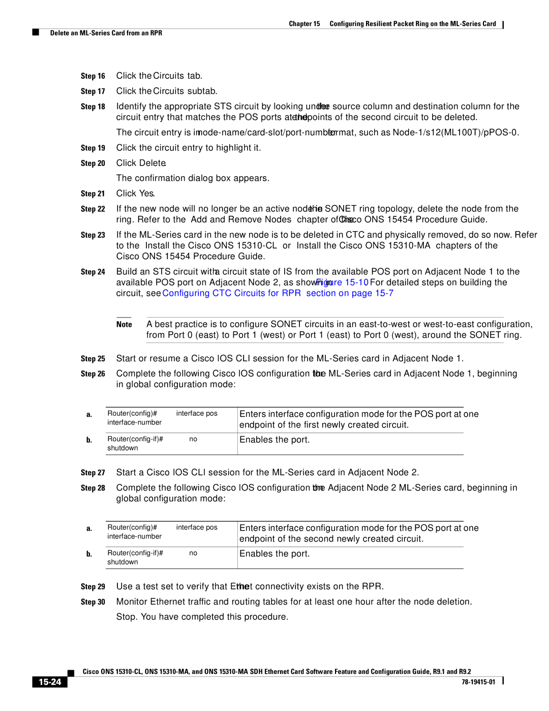 Cisco Systems ONS 15310-CL, Cisco ONS 15310-MA manual 15-24, Routerconfig-if# no 